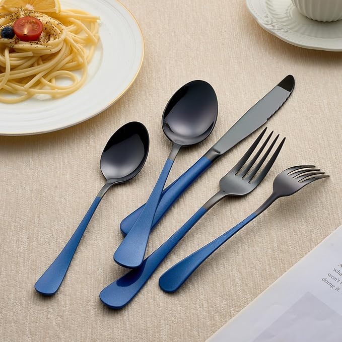 20-Piece Black and Dark Blue Silverware Set 18/0 Stainless Steel Silverware Set Dark Blue Handle Cutlery Set Service for 4 Dinner Knives Forks Spoons Set Flatware Set Finish Dishwasher Safe