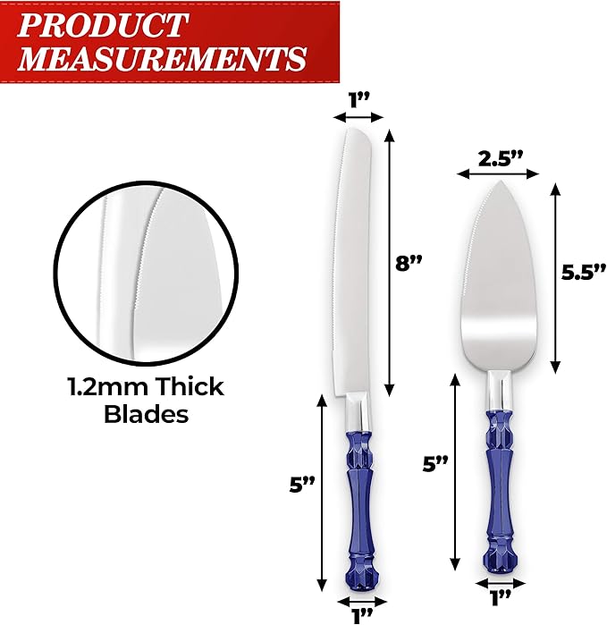 Cake Knife and Server Set, Cake Cutter and Pie Spatula, Cake Server and Knife Set with Acrylic Crystal Handles, Cake Cutting Set for Wedding Cake – 1.2mm Thick Blades, Birthdays, and Parties (Blue)