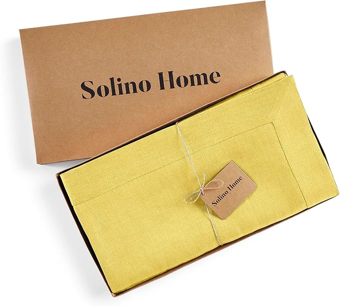 Solino Home Linen Tablecloth for Rectangle Tables 60 x 120 Inch - 100% Pure Linen Sunshine Yellow Table Cloth - Fete, Machine Washable Cloth Tablecloth