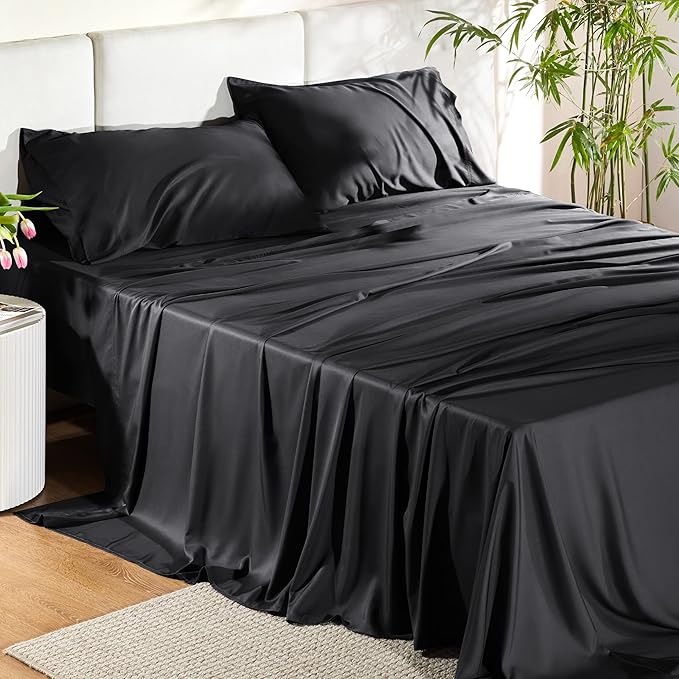 Bedsure Full Size Bed Sheets, Cooling Sheets, Rayon Derived from Bamboo, Breathable & Soft, Deep Pocket Up to 16 Inches, Hotel Luxury Silky Bedding for Hot Sleepers, Black