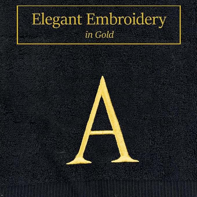 Black Monogrammed Hand Towels for Bathroom- Black and Gold Luxury Hotel Quality Personalized Initial Decorative Embroidered for Powder Room, Spa-GOTS Organic Certified - Pack of 2, Letter A