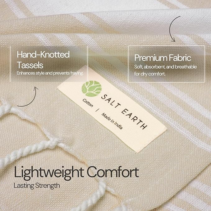 Salt Earth Cotton Turkish Beach Towel, Set of 2-36" X72" Large Bath Towels, Quick Dry Towel, Bathroom, Beach Essentials, Gym, Quick Dry for Shower, Lightweight Large Towels for All (Beige)