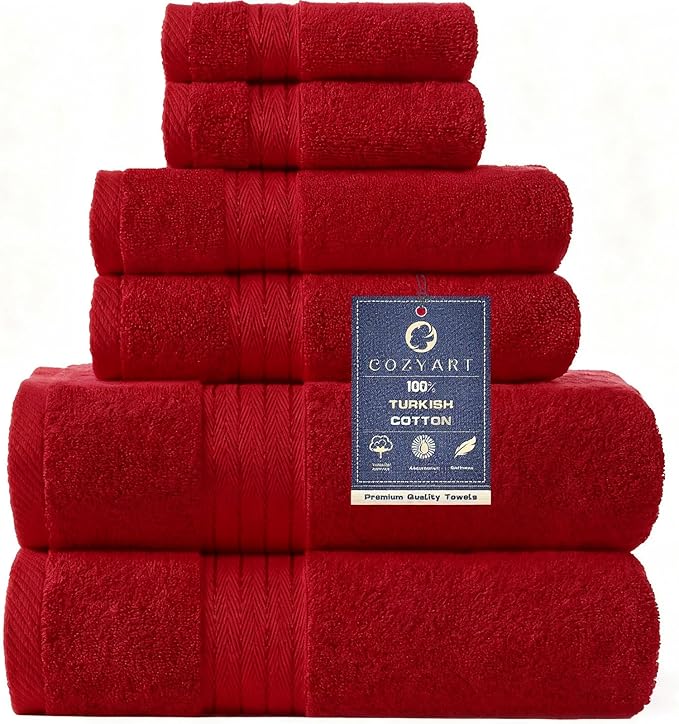 COZYART Cherry Red Bath Towels for Bathroom 6 Pcs, Turkish Cotton Bath Towel Set Super Soft Highly Absorbent Durable 650 GSM Shower Towels for Daily Use