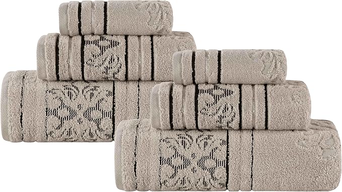 Superior Cotton 6 Piece Towel Set, 2 Bath, 2 Hand, 2 Washcloth/Face Towels, Quick Dry, Home Essentials, Shower, Spa, Luxury Plush Soft Absorbent Towels, Zero-Twist, Jacquard Floral, Stone