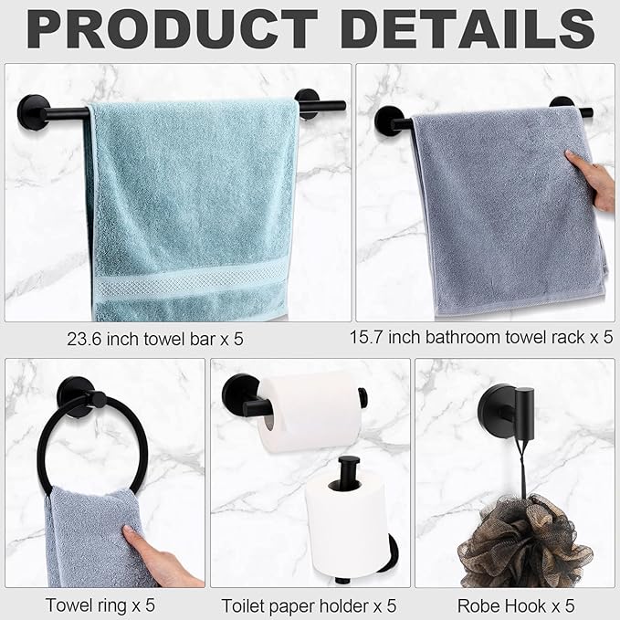 Gisafai 25 Pcs Bathroom Hardware Set, 23.6 Inch Brushed Towel Bar Ring Toilet Paper Holder Robe Towel Hook, SUS304 Stainless Steel Bathroom Accessory Set Wall Mounted (Black)