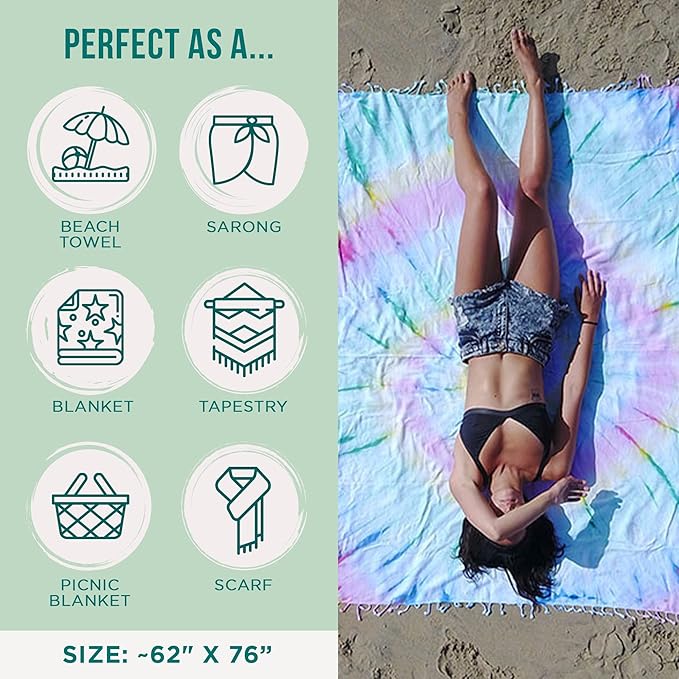 Sand Cloud Extra Large Turkish Beach Towel - Sand Free - 100% Organic Turkish Cotton Yarn - Quick Dry Towel for Beach, Picnic Blanket or Throw - As Seen on Shark Tank - Tie Dye (Wanderlust)