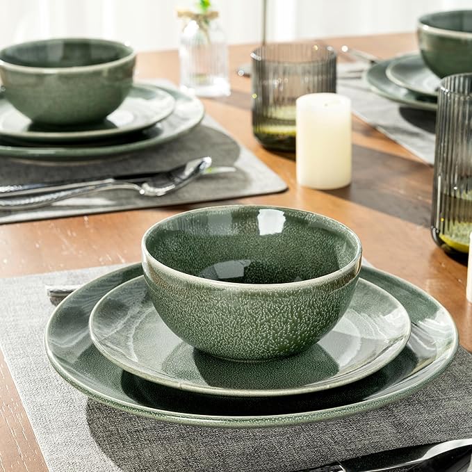 AmorArc Ceramic Dinnerware Sets for 6, 18 Pieces Handpainted Plates and Bowls Set, Scratch Resistant Stoneware Dishes Set, Dishwasher & Microwave Safe, Jade Green
