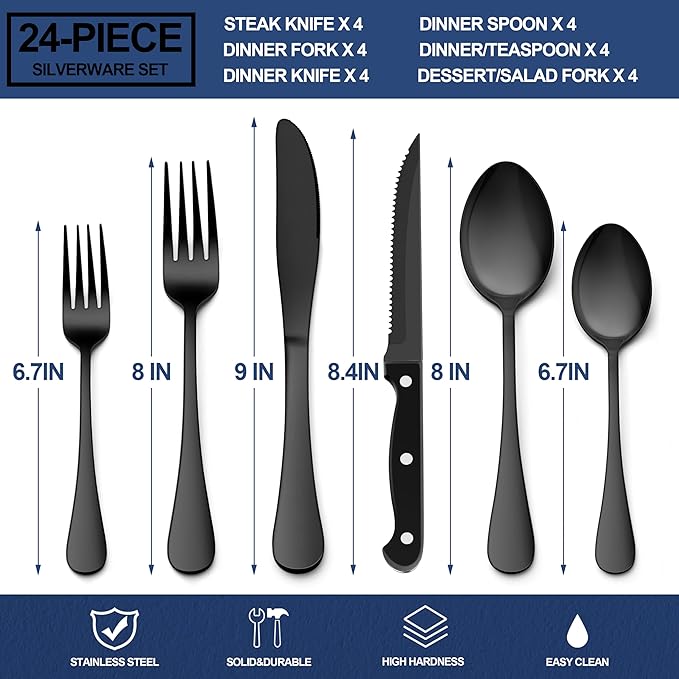 E-far 24-Piece Black Silverware Set with Steak Knives, Stainless Steel Flatware Cutlery Set for 4, Modern Metal Eating Utensils Sets Include Forks and Spoons Knife, Mirror Polished & Rust Proof