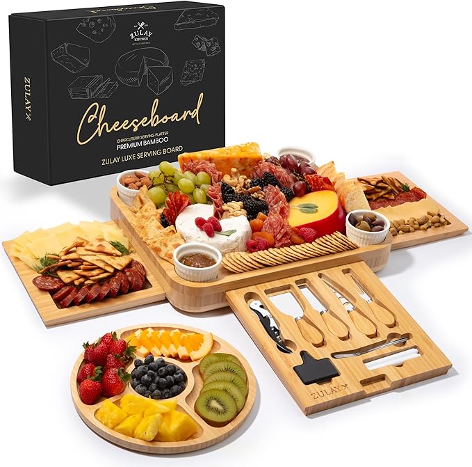 Zulay Charcuterie Board Set Extra Large - Great White Elephant Gift, Housewarming Gift for New Home, Bamboo Cheese Board - Charcuterie with Accessories, Wine and Cheese