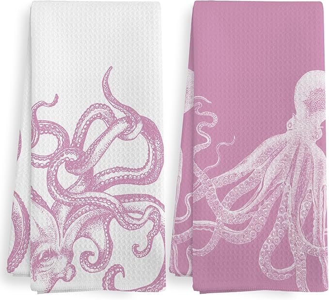 Coastal Pink Octopus Beach Decor Dish Hand Tea Towels for Bathroom Kitchen, Girly Preppy Octopus Ocean Nautical Beachy Bathroom Decor, Coastal Kitchen Towels and Dishcloths Sets of 2, 16x24In