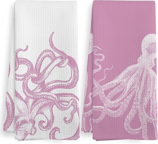 Coastal Pink Octopus Beach Decor Dish Hand Tea Towels for Bathroom Kitchen, Girly Preppy Octopus Ocean Nautical Beachy Bathroom Decor, Coastal Kitchen Towels and Dishcloths Sets of 2, 16x24In