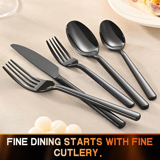 40-Piece Black Silverware Set, Heavy-Duty Stainless Steel Black Flatware Set for 8, Cutlery Set with Modern Round Handle, Mirror Polished Utensils Set, Dishwasher Safe
