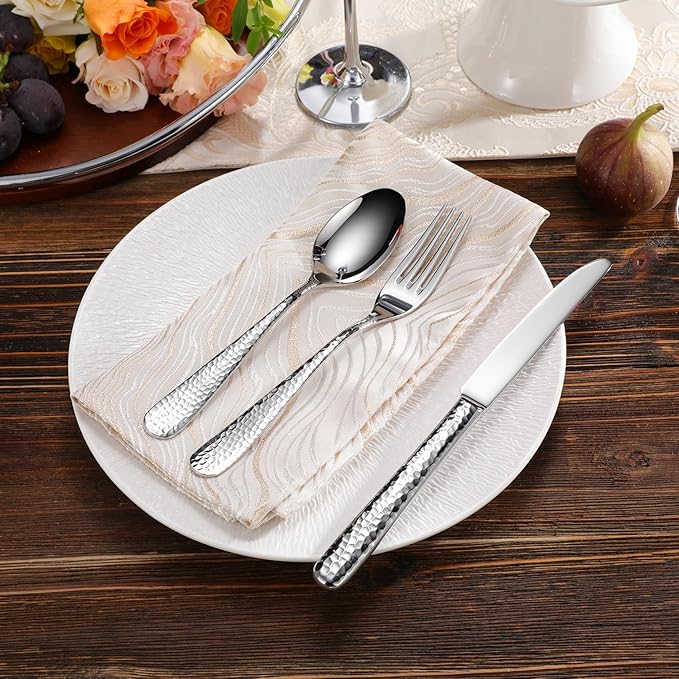 KEAWELL Premium 20/45/65 Piece Louise Hammered Silverware Set with Round Edge, 18/10 Stainless Steel, Service for 4/8/12, Fine Flatware Set, Dishwasher Safe (65)