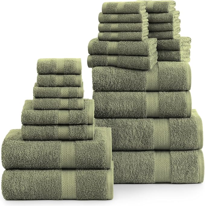 LANE LINEN Cotton Towels for Bathroom - 24 PCs - Highly Absorbent, Durable & Soft - 4 Bath, 4 Fingertip, 6 Hand Towels, 8 Washcloths, 2 Bath Sheets - Family Bundle Pack - Oil Green