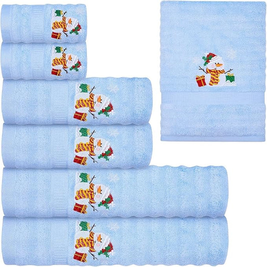 Peryiter 6 Pack Cotton Christmas Snowman Bath Towels Set Blue Winter Towels for Bathroom, Soft and Absorbent, Contains 2 Bath Cloth, 2 Hand Cloth and 2 Wash Cloths