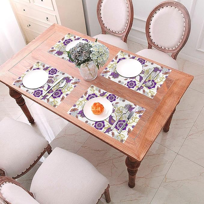 Boho Floral Placemats Set of 4 Linen Washable Non-Slip Heat-Resistant Purple Kitchen Table Mats for Dining Outdoor Party Home Decor 12x18 Inch Flower Decorative Place Mats