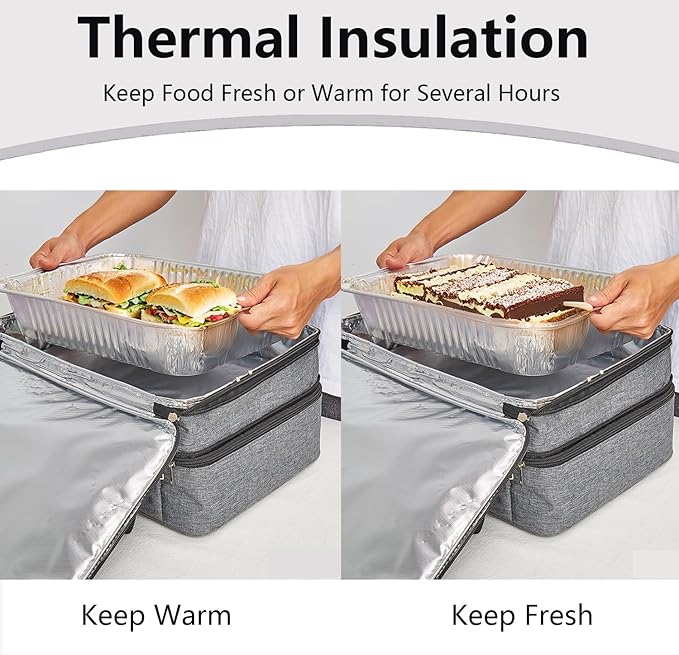 Lestyn Insulated Casserole Carrier Bag - Double Decker Portable Lunch Transport Tote Bag Fits 9"x13" Lasagna Baking Dish to Keep Food Hot/Cold for Gathering/Potluck Parties/Cookouts/Picnics -Gray