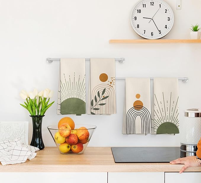 Boho Abstract Sage Green Sunshine Kitchen Towels and Dishcloths Set of 4, Boho Mid Century Modern Abstract Minimalist Sunshine Drying Cloth Hand Dish Tea Towels for Bathroom Kitchen, 16x24 Inches