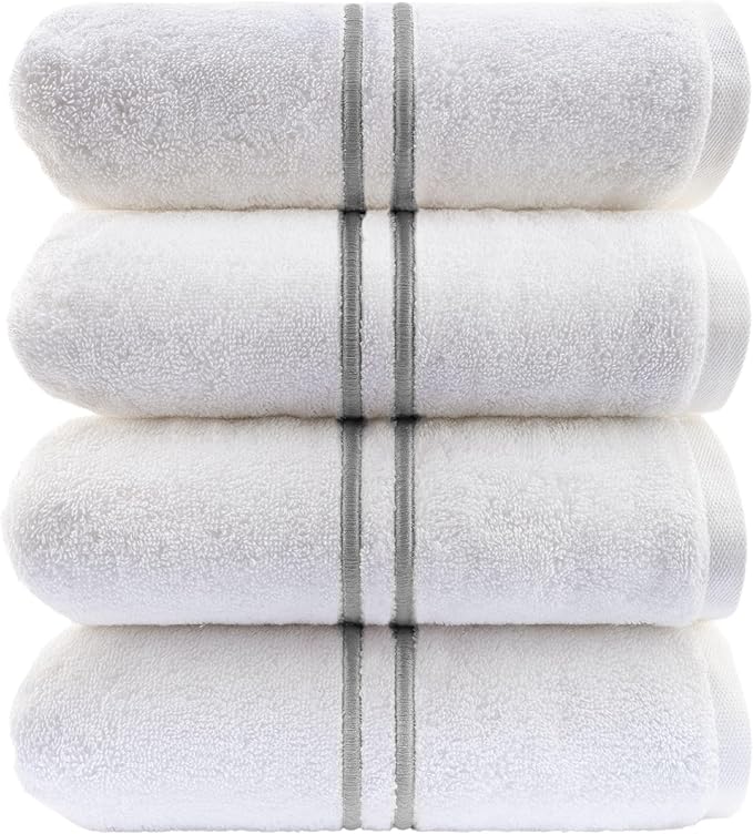 Maisonette Loft Baratta Egyptian Cotton Turkish Bath Towels, Soft & Absorbent, Ideal Quick Dry Large Bathroom Towel Set for Shower (30" x 58", 4 Pack) - White, Grey Striped