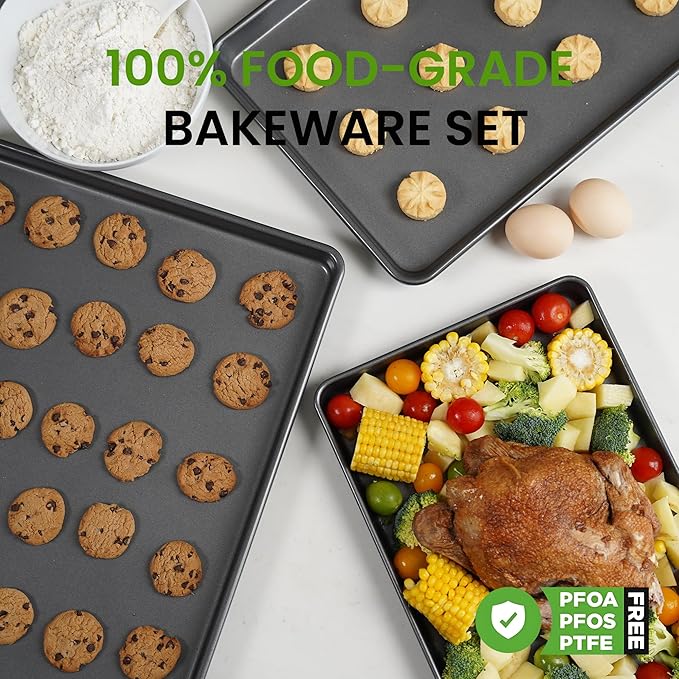 LISI 3-Piece Nonstick Baking Sheet Set – 16"x12", 15"x10", 13"x9" Carbon Steel Cookie Sheet Pan Set, Baking Trays for Oven, Heavy-Duty Bakeware for Home Kitchen