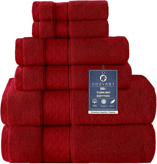 COZYART Red Bath Towel Set 6 Piece, Luxury 100% Turkish Cotton 650GSM Hotel Quality, Soft, Absorbent,Towel Sets for Bathroom | 2 Bath Towels 2 Hand Towels 2 Washcloths