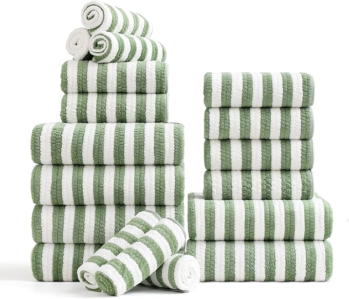 18-Piece Microfiber Bath Towels Set - 6 Bath Sheet, 6 Hand Towels, 6 Washcloths, Soft, Highly Absorbent Bathroom Towel, Quick Dry & Less Lint Shower towel for Bathroom, Hotel, Spa, Dorm-Light Green