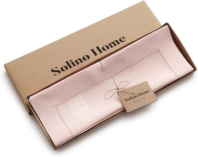Solino Home Linen Placemats Set of 4 - Classic Hemstitch Pink Placemats 14 x 19 Inch - 100% Pure Linen Table Mats for Valentines
