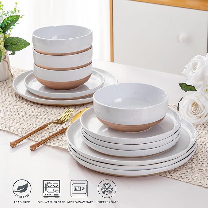 AmorArc Ceramic Dinnerware Sets for 6, 18 Pieces Handpainted Plates and Bowls Set with Rustic Terracotta Underside, Scratch Resistant Stoneware Dishes Set, Dishwasher & Microwave Safe, White