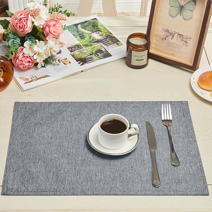 Cloth Place Mats Set of 8–Reusable Rectangular Waterproof Fabric Polyester Washable Wipeable Heat Resistant Linen for Kitchen Dining Dinner Restaurant Wedding Table(Gray/13x19 Inch)