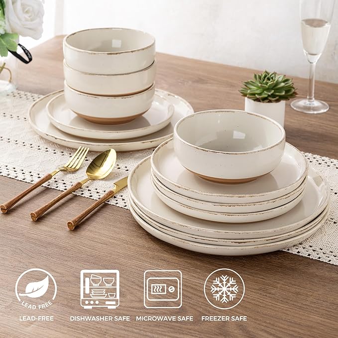 AmorArc Ceramic Dinnerware Sets for 4, 12 Pieces Handpainted Plates and Bowls Set with Rustic Terracotta Underside, Scratch Resistant Stoneware Dishes Set, Dishwasher & Microwave Safe, Beige
