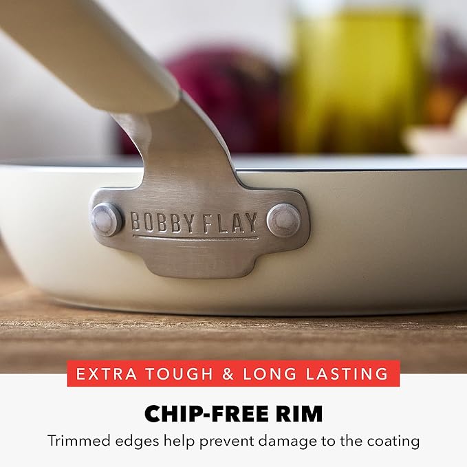 GreenPan x Bobby Flay 8" Nonstick Frying Pan Skillet, PFAS-Free Diamond Ceramic, Induction Suitable, Stay-Cool Silicone Handle, Easy Clean Dishwasher & Oven Safe, Egg & Omelet Pan, Cream
