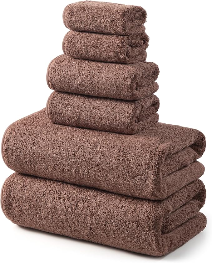 REDKISS 6-Piece Bath Towel Set, Ultra-Plush & Highly Absorbent 100% Cotton Towels for Bathroom, Browe Set Includes 2 Bath Towels, 2 Hand Towels, 2 Washcloths