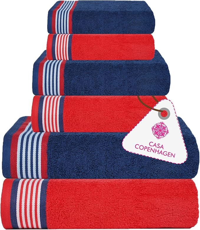 CASA COPENHAGEN He & She 6 Pieces Towel Set- American Blue + Red, 550 GSM 2 Bath Towel 2 Hand Towel 2 Washcloth, Designed in Denmark Made of Soft Egyptian Cotton for Bathroom, Kitchen & Shower