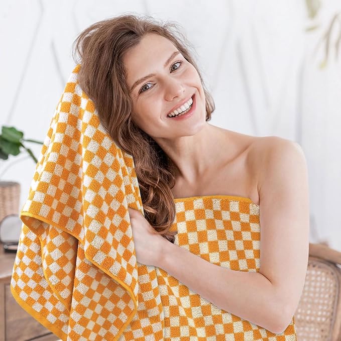 Jacquotha Orange Shower Towels for Bathroom Set of 2, Cotton Bath Towel Drying Body Hand Face Luxury 480 GSM Medium Thickness (Checkered), Fall Decor