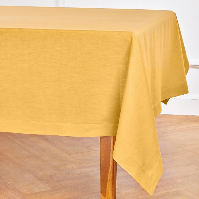Solino Home Linen Tablecloth 60 x 120 Inch - 100% Pure Linen Mustard Yellow Table Cloth for Rectangle Tables - Fete, Machine Washable Tablecloth