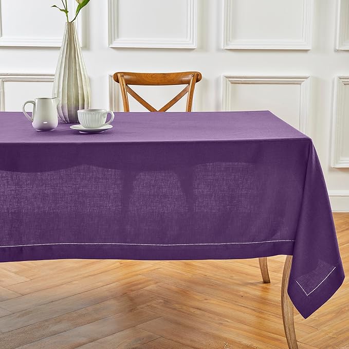 Solino Home Linen Tablecloth for Rectangle Tables 60 x 156 Inch - Classic Hemstitch 100% Pure Linen Purple Table Cloth - Machine Washable Cloth Tablecloth for Valentines
