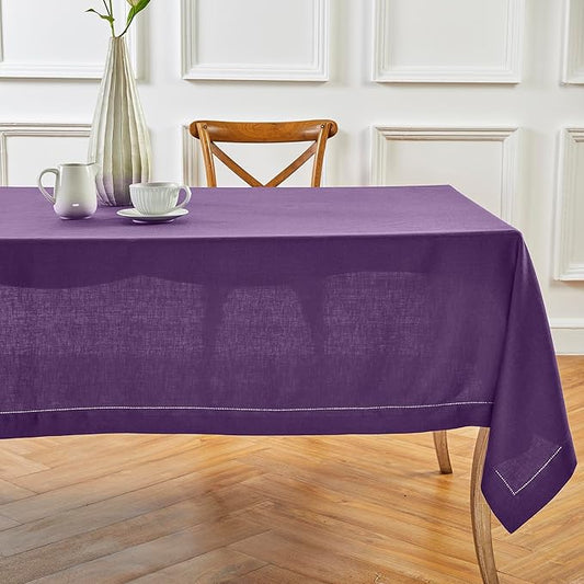 Solino Home Square Linen Tablecloth 52 x 52 Inch - 100% Pure Linen Purple Table Throw - Classic Hemstitch, Machine Washable Table Cloth for Valentines, New Year