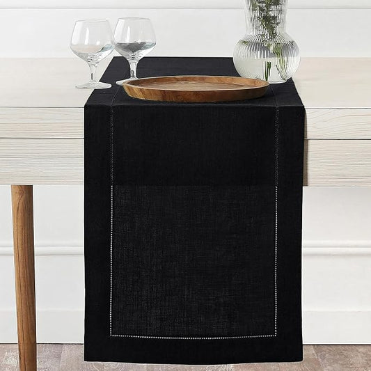D'Moksha Homes Linen Black Table Runner 84 Inches Long - 100% Pure Linen Table Runner 14 x 84 Inch for Winter, Holiday, New Year - Classic Hemstitch