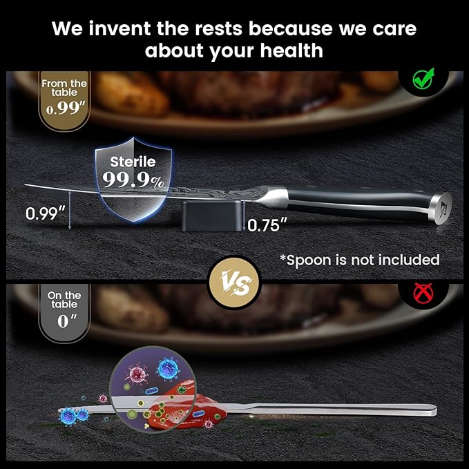 Steak Knives Set of 6, 4.8 Inch Non Serrated Razor-Sharp Durable Dinner knives with Rest, German Stainless Steel Damascus Pattern Full Tang Forged, Rust Resistant & Easy to Maintain