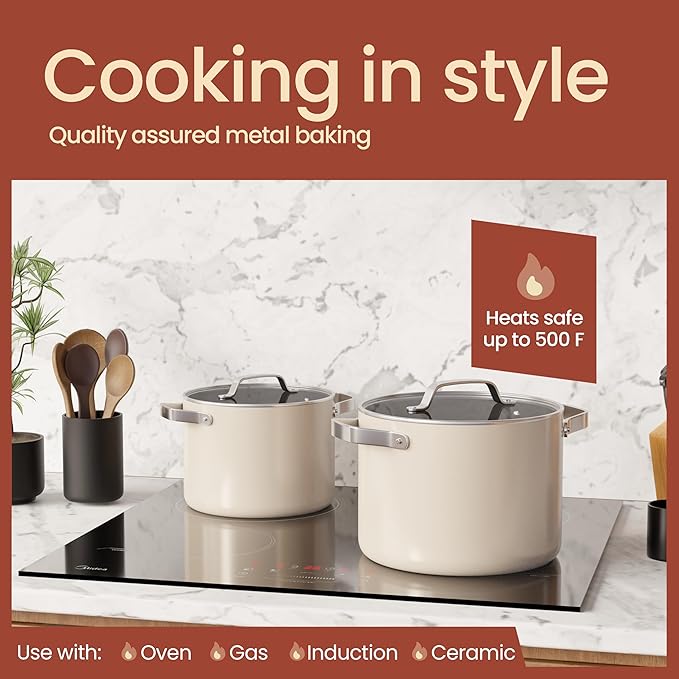 Bakken 8.5 Quart Ceramic Coated Stock Pot with Lid, Easy Clean Nonstick Pot, Tempered Glass Lid, Riveted Stainless Steel Handles, Oven Safe Up To 500°F, PTFE & PFAS Free, All Stove Compatible, Cream