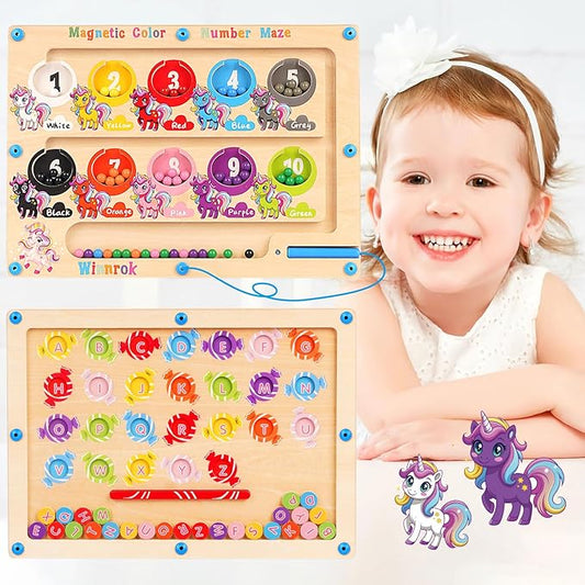 2 in 1 Double Side Magnetic Color and Number Maze, Alphabet Board Aged 1-3 Unicorn Toys, Montessori Magnet Puzzle Learning Counting Matching Gifts for Toddlers Kids Girls Boys 3 4 5 Year Old Christmas
