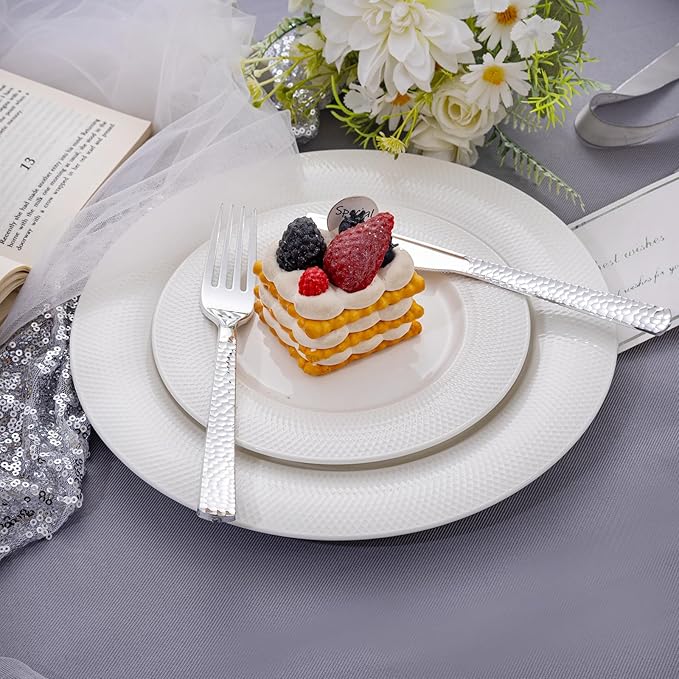 KIRE 400PCS Silver Plastic Silverware - Disposable Silverware, Heavy Duty Plastic Silverware Set Include 200 Silver Forks,100 Silver Knives,100 Silver Spoons for Party,Wedding for Christmas