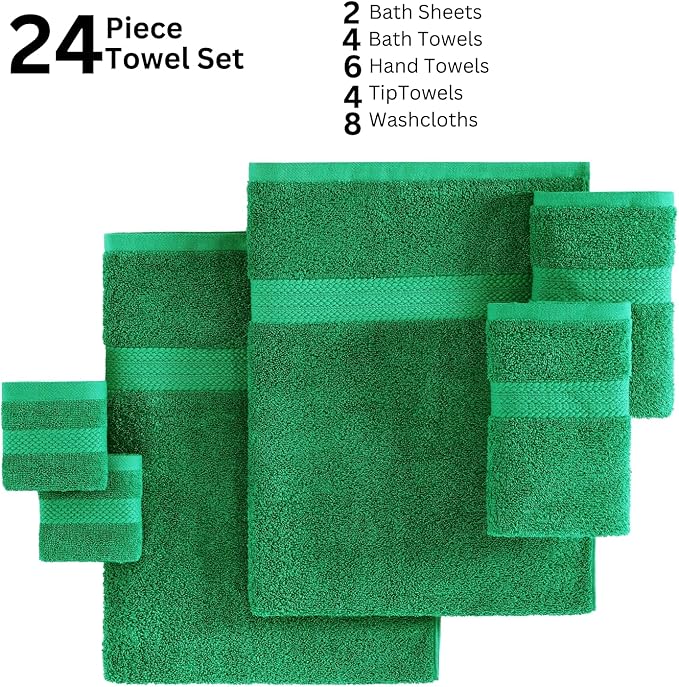 LANE LINEN Bath Towel Set - 24 PCs - Durable, Absorbent, Soft & Quick Dry - 100% Ring Spun Cotton Towels Set - 4 Bath, 4 Fingertip, 6 Hand Towel, 8 Washcloth, 2 Bath Sheet Set - Emerald