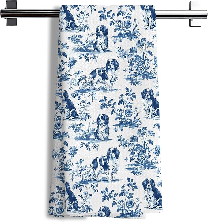 Chinoiserie Cavalier King Charles Spaniel Kitchen Towels, Cavalier Spaniel Gifts Decorative Dish Tea Towels, Blue and White Grandmillennial Dog Hand Towels for Kitchen Bathroom, 16x24 Inch