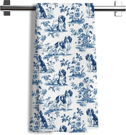Chinoiserie Cavalier King Charles Spaniel Kitchen Towels, Cavalier Spaniel Gifts Decorative Dish Tea Towels, Blue and White Grandmillennial Dog Hand Towels for Kitchen Bathroom, 16x24 Inch