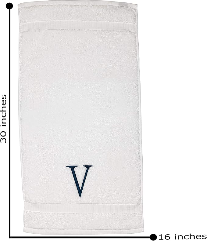 Monogrammed Hand Towels for Bathroom - Luxury Hotel Quality Personalized Initial Decorative Embroidered Bath Towel for Powder Room, Spa - GOTS Organic Certified - Set of 2 Navy Letter V