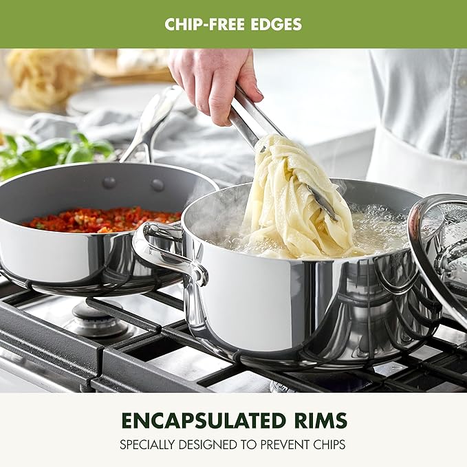 GreenPan Valencia Pro Stainless Steel 10 Piece Cookware Pots and Pans Set, Induction Suitable Mirrored Tri-Ply, Ceramic Nonstick PFAS-Free Coating, Multi Clad, Dishwasher Oven & Broiler Safe