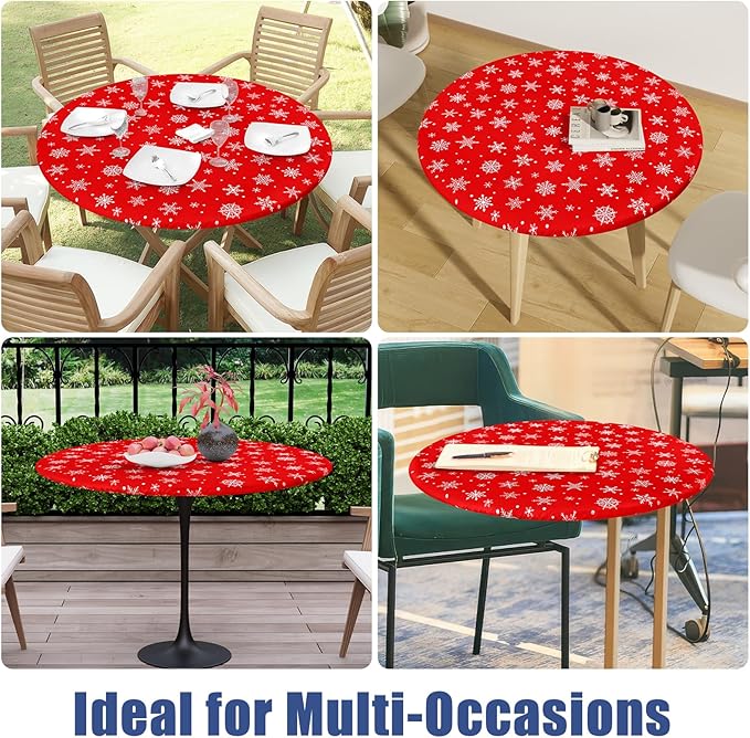 Round Spandex Christmas Tablecloth, Elastic Fitted Waterproof Tablecloths for 36"-44" Tables, Stretch Washable Picnic Table Cover for Christmas Dinner, Dot Snowflake