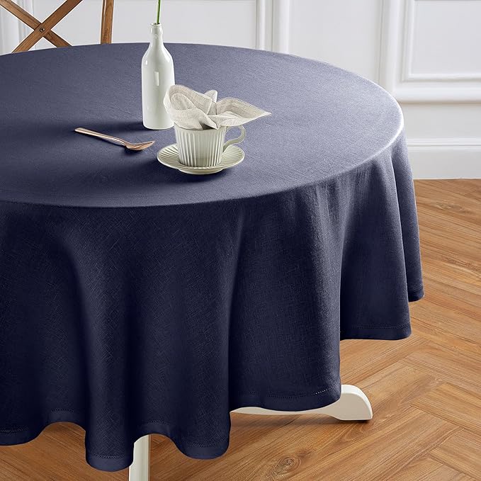 Solino Home Linen Round Tablecloth 70 Inch - 100% Pure Linen Indigo Navy Round Tablecloth - Machine Washable Table Cloth for Winter - Sonoma Hemstitch