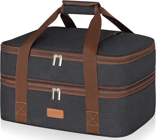 LHZK Double Decker Insulated Casserole Carrier for Hot or Cold Food, Expandable Hot Food Carrier, Lasagna Holder Tote for Potluck Parties, Picnic, Beach, Fits 11 x 15 or 9 x 13 Baking Dish (Black)